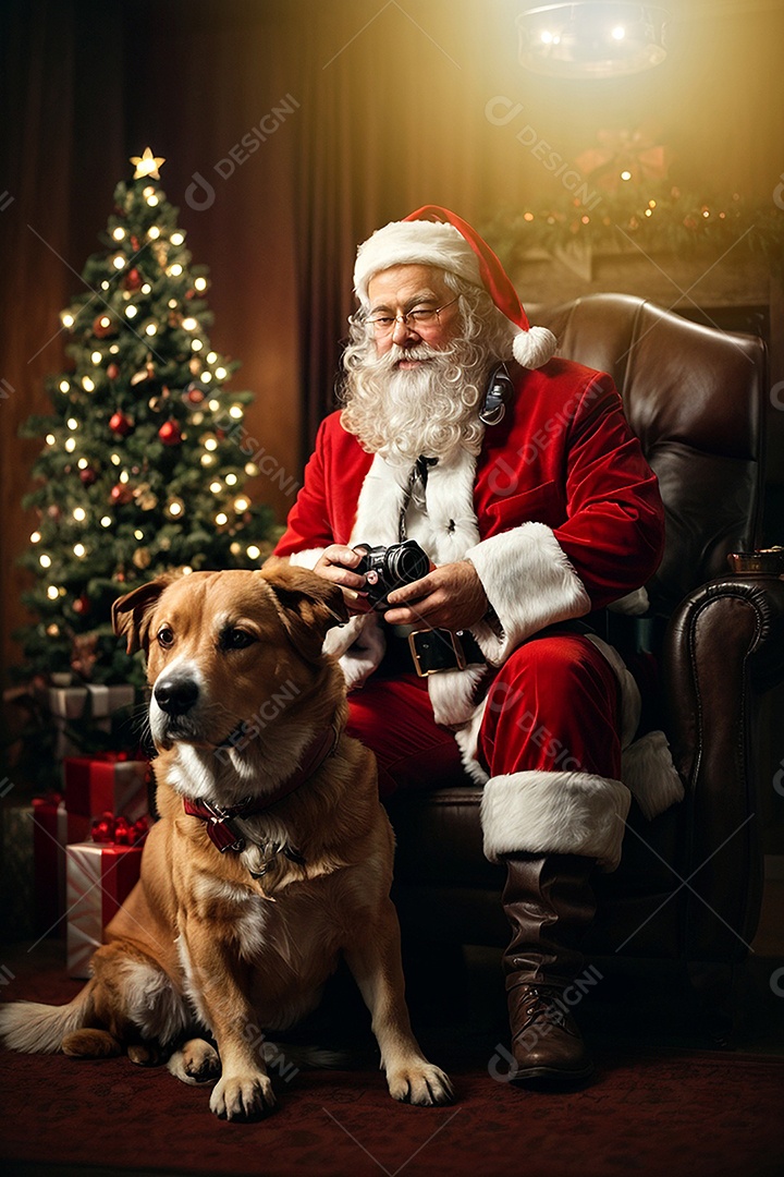 Papai Noel sorrindo ao lado de um cachorro em um fundo de decoração tradicional