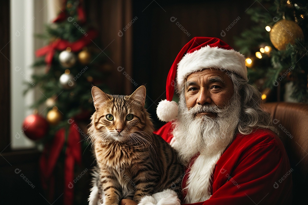 Papai Noel sorrindo ao lado de um gato em um fundo de decoração tradicional