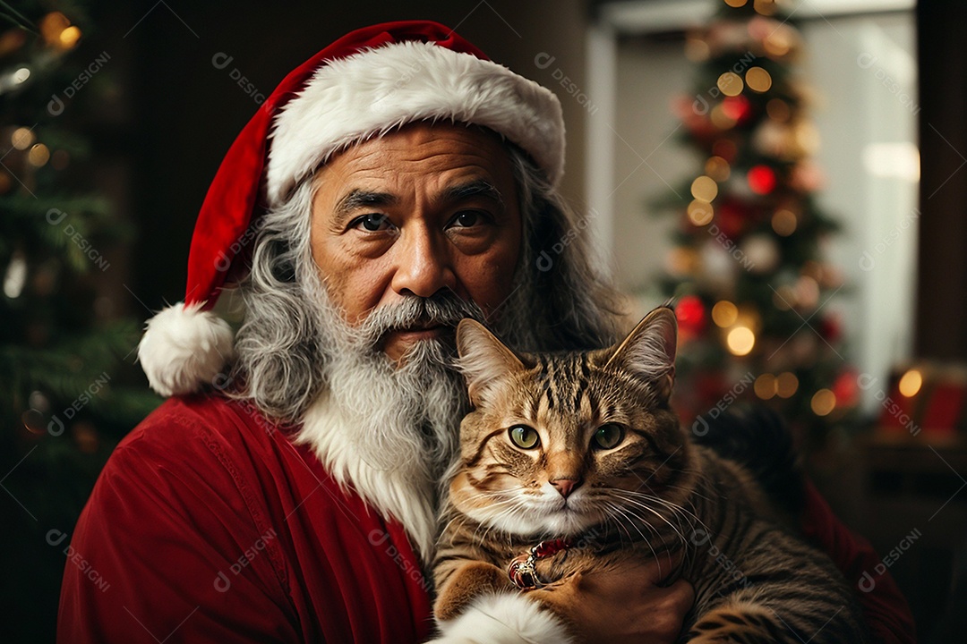 Papai Noel sorrindo ao lado de um gato em um fundo de decoração tradicional