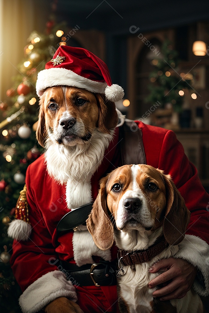 Papai Noel sorrindo ao lado de um cachorro em um fundo de decoração tradicional