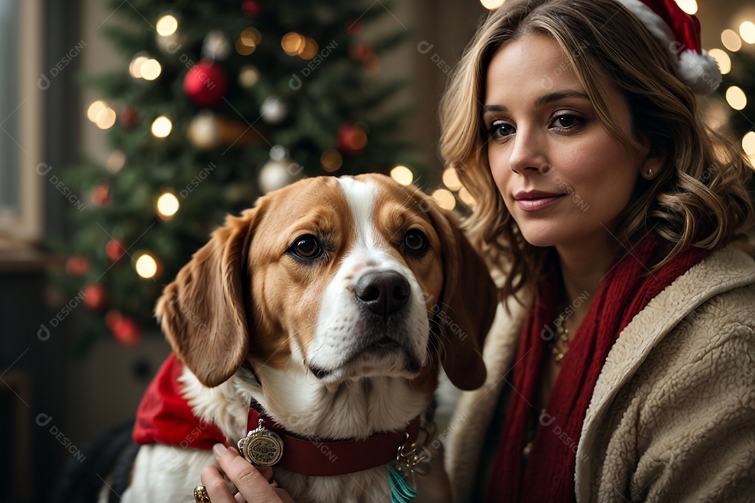 Mulher ao lado de um cachorro em um fundo de decoração tradicional