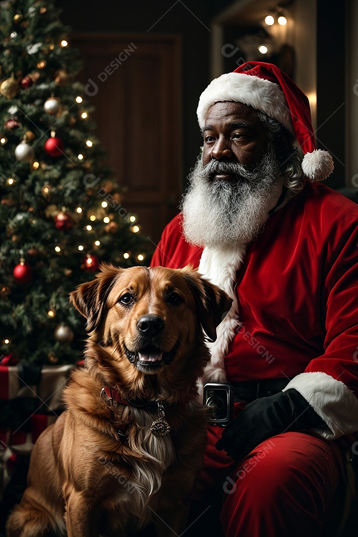 Papai Noel sorrindo ao lado de um cachorro em um fundo de decoração tradicional