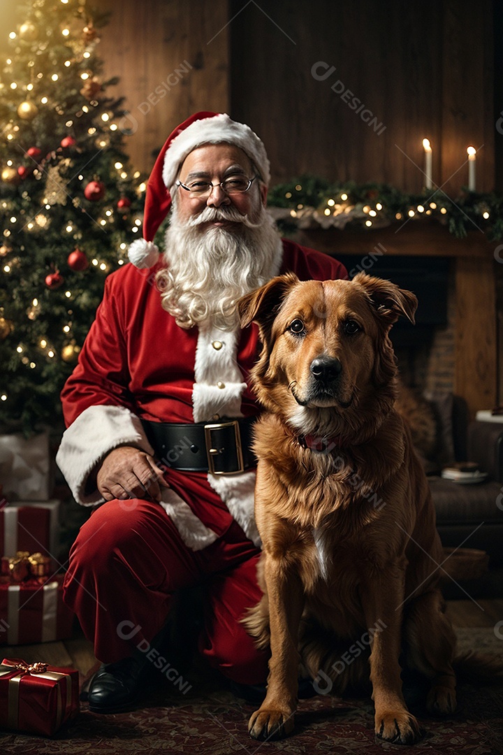 Papai Noel sorrindo ao lado de um cachorro em um fundo de decoração tradicional