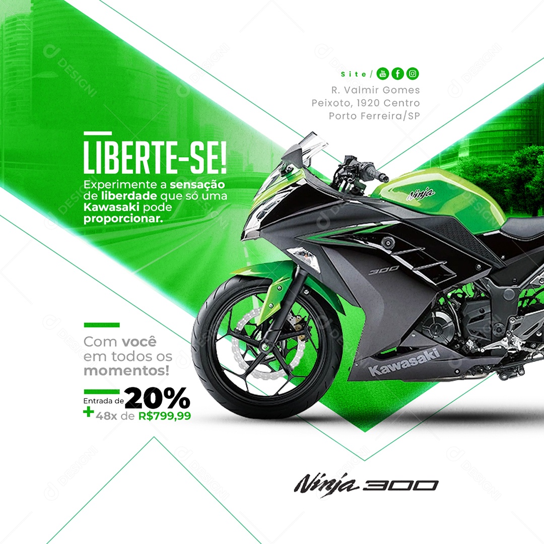 Loja de Motos Concessionária Kawasaki Ninja 300 Com Você em Todos os Momentos Social Media PSD Editável