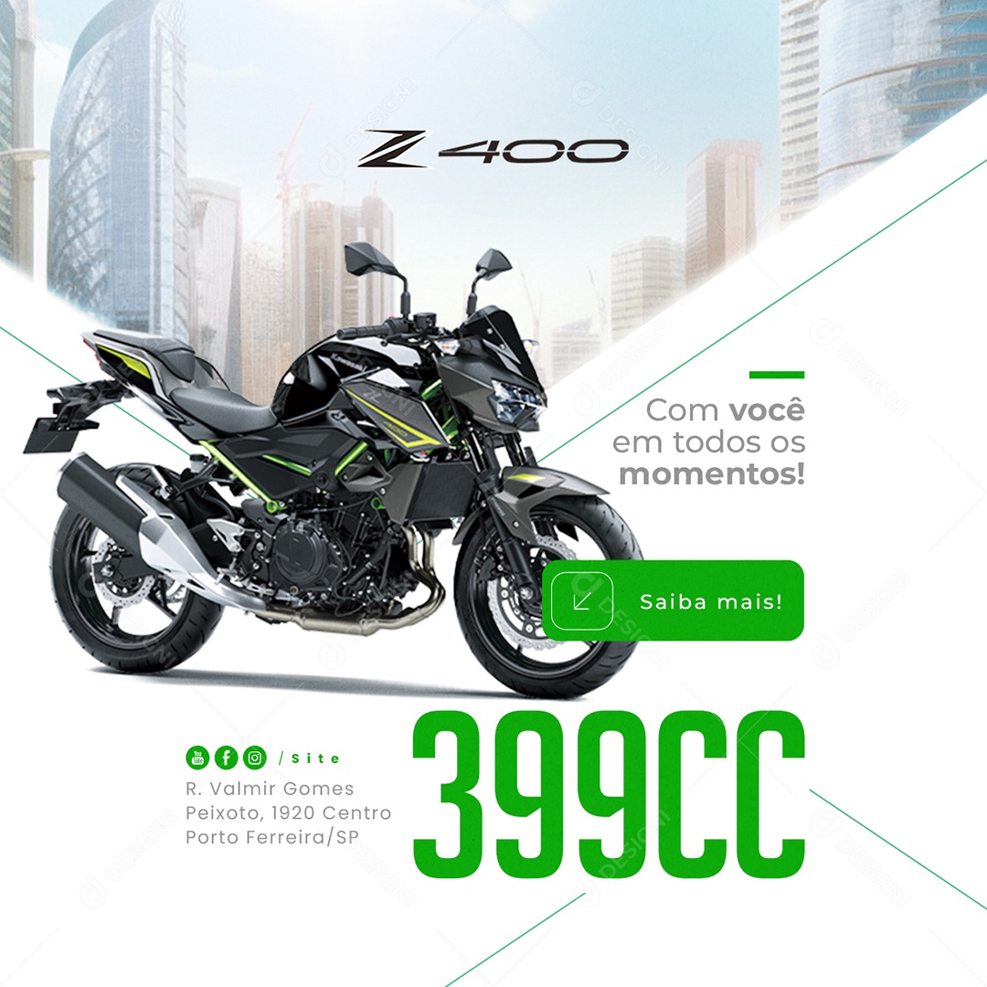 Loja de Motos Concessionária Kawasaki Z400 Com Você em Todos os Momentos Social Media PSD Editável