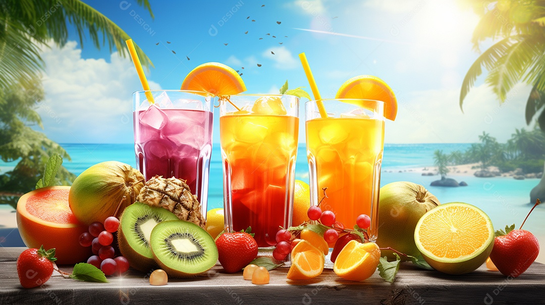 Copos De Suco E Várias Frutas Ao Redor