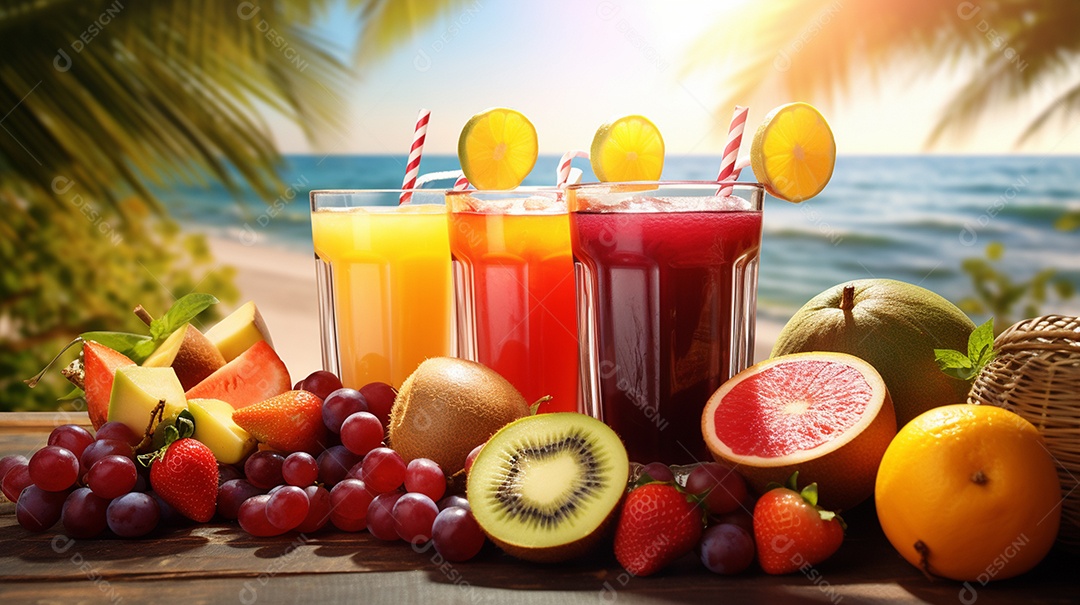 Copos De Suco E Várias Frutas Ao Redor