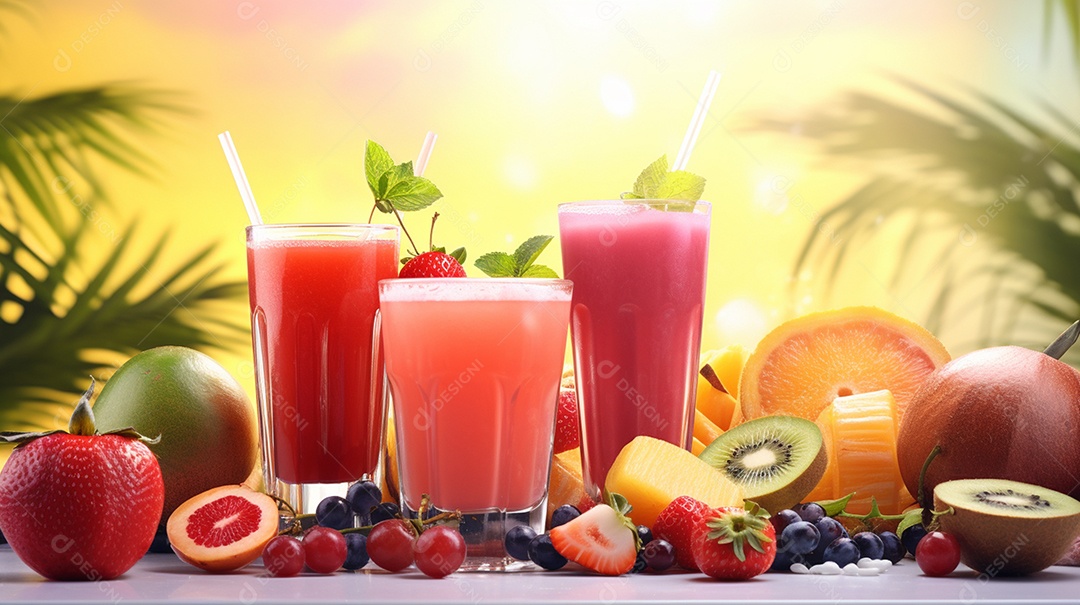 Copos De Suco E Várias Frutas Ao Redor