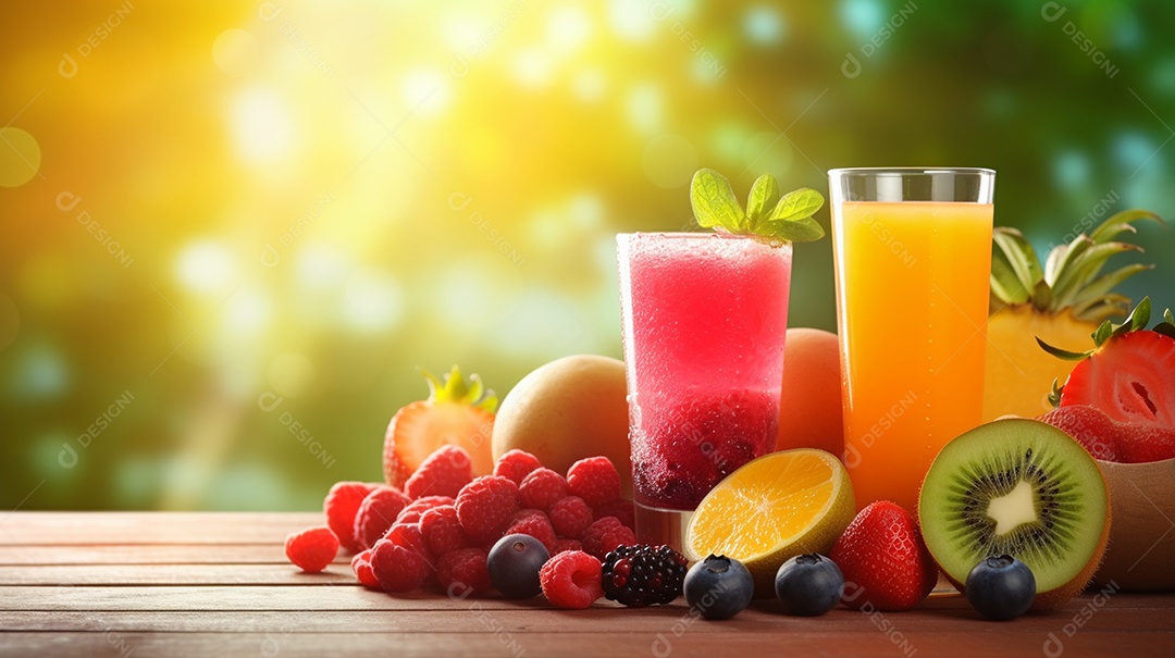 Copos De Suco E Várias Frutas Ao Redor