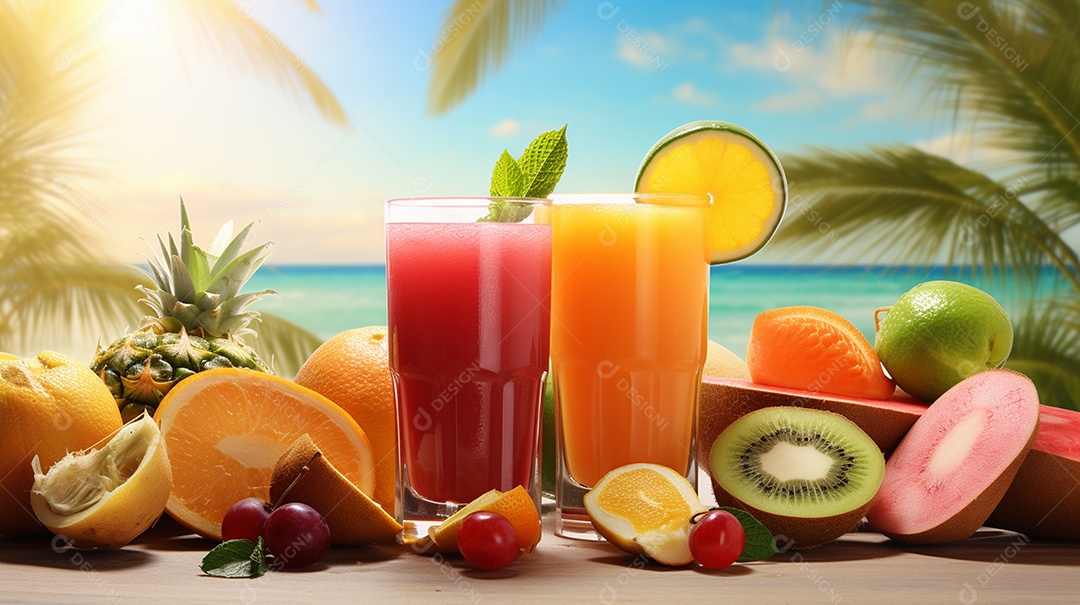 Copos De Suco E Várias Frutas Ao Redor