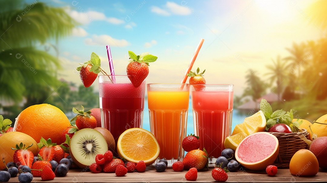 Copos De Suco E Várias Frutas Ao Redor