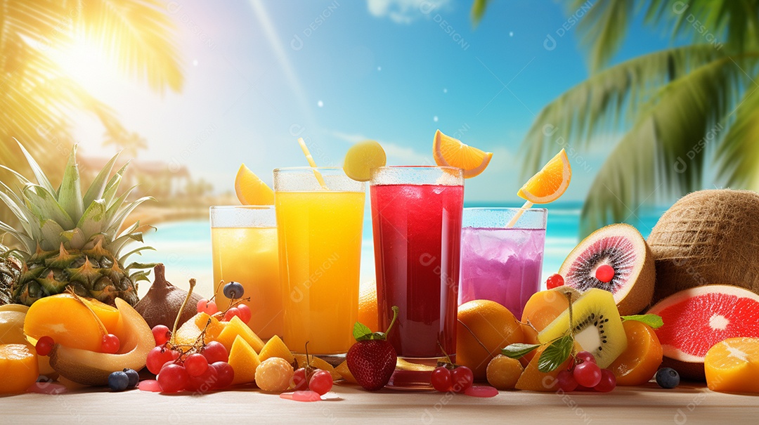 Copos De Suco E Várias Frutas Ao Redor