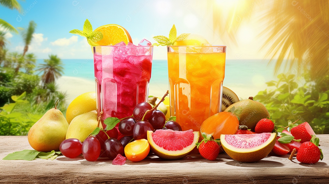 Copos De Suco E Várias Frutas Ao Redor