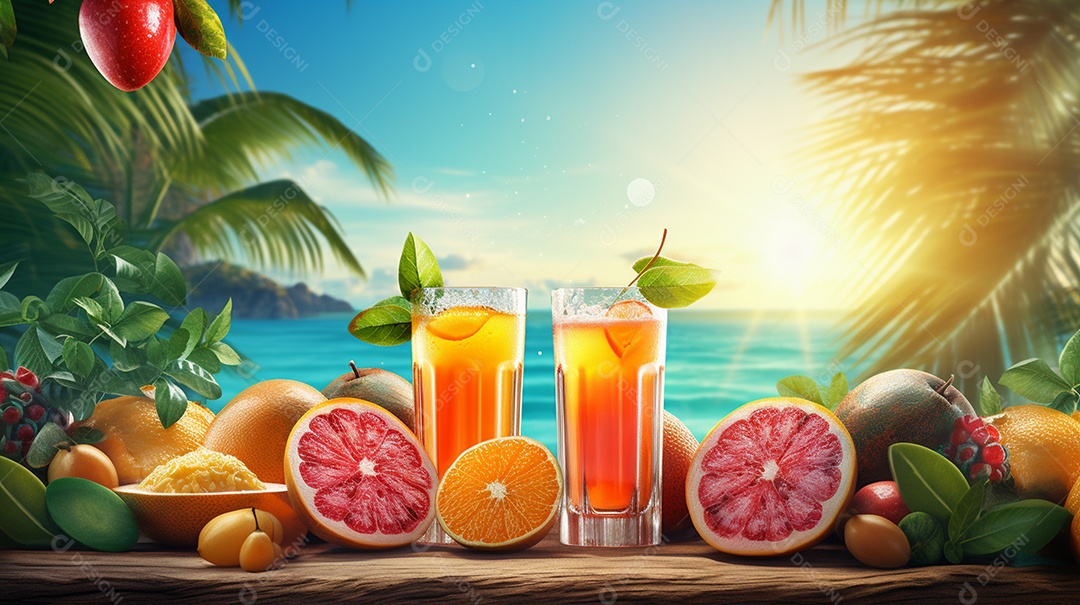 Copos De Suco E Várias Frutas Ao Redor