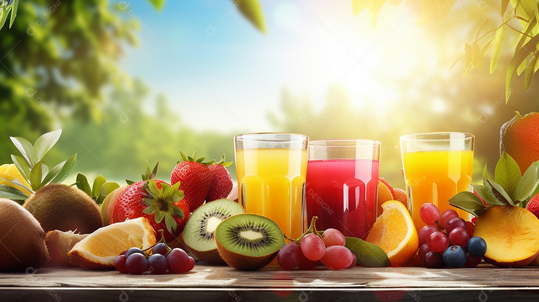 Copos De Suco E Várias Frutas Ao Redor