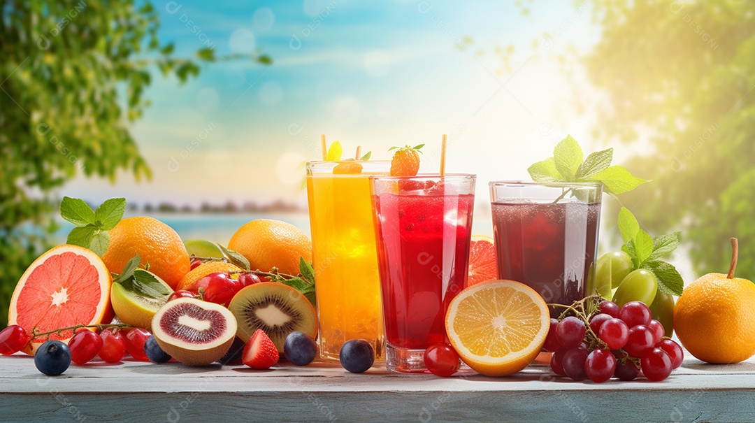 Copos De Suco E Várias Frutas Ao Redor