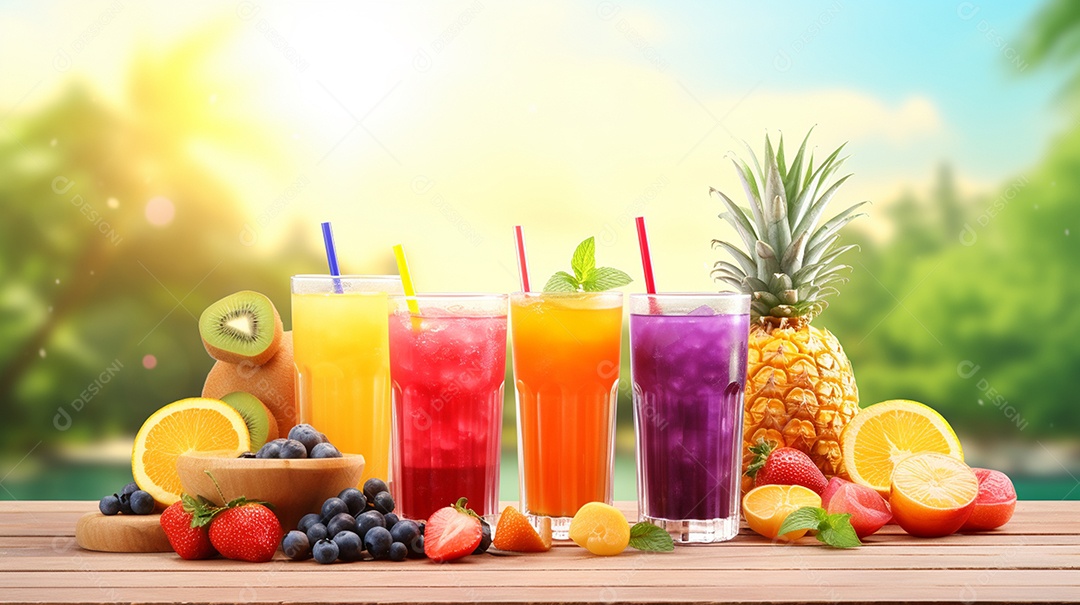 Copos De Suco E Várias Frutas Ao Redor
