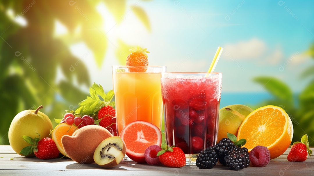 Copos De Suco E Várias Frutas Ao Redor