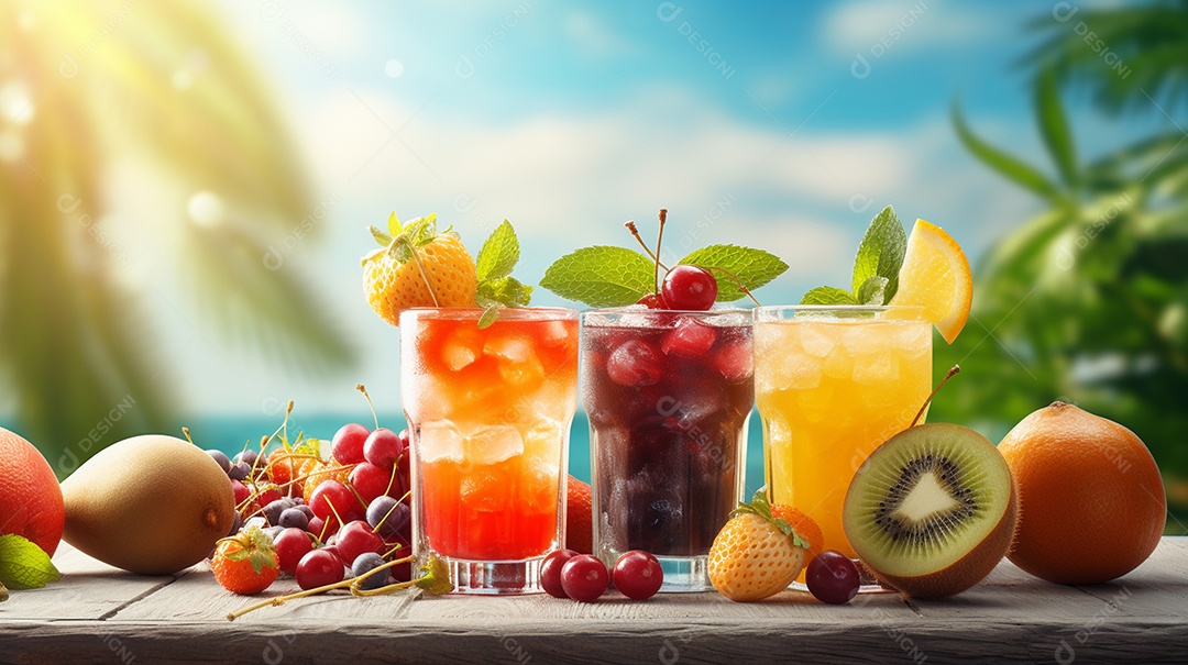 Copos De Suco E Várias Frutas Ao Redor