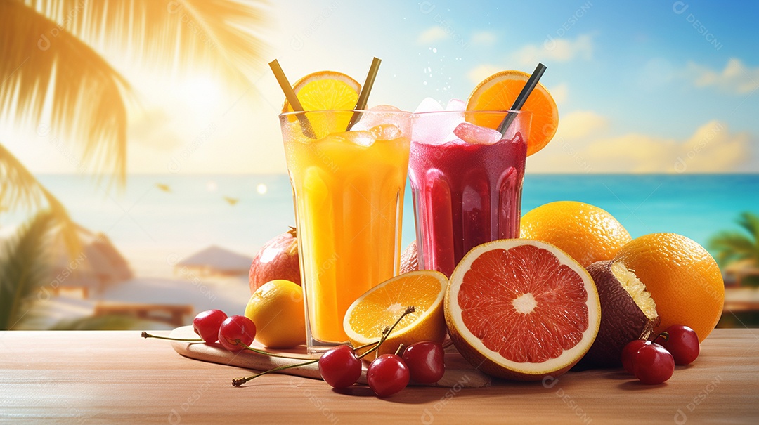 Copos De Suco E Várias Frutas Ao Redor