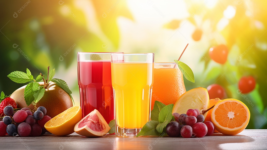 Copos De Suco E Várias Frutas Ao Redor
