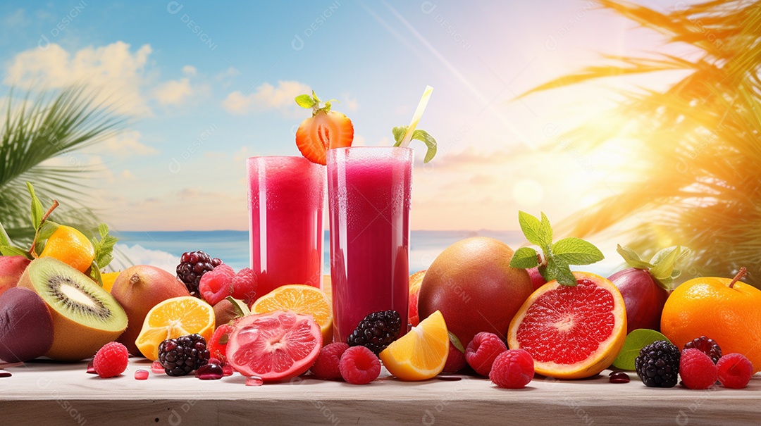 Copos De Suco E Várias Frutas Ao Redor