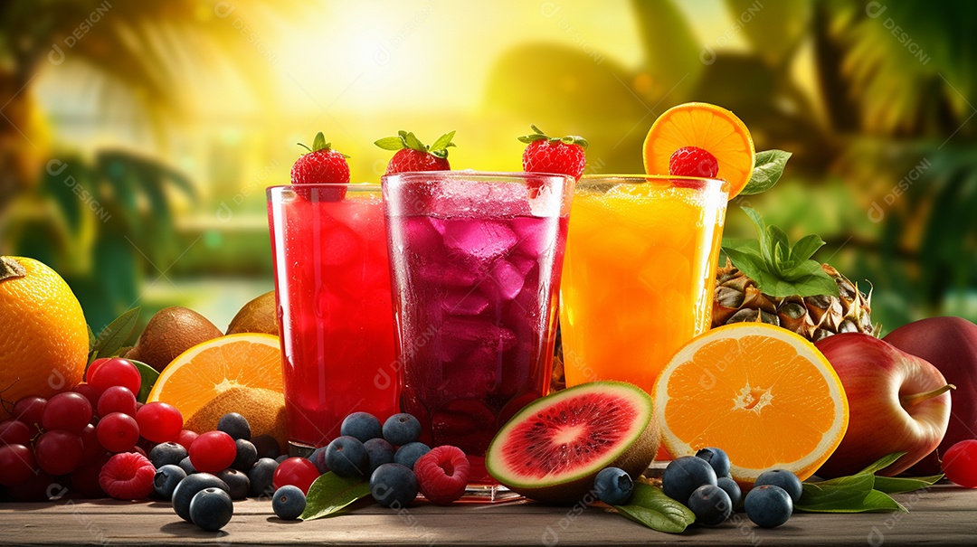 Copos De Suco E Várias Frutas Ao Redor