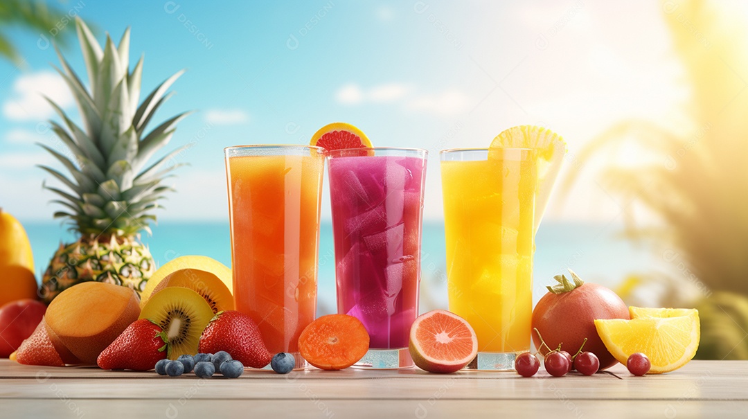 Copos De Suco E Várias Frutas Ao Redor