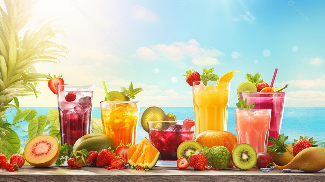 Copos De Suco E Várias Frutas Ao Redor