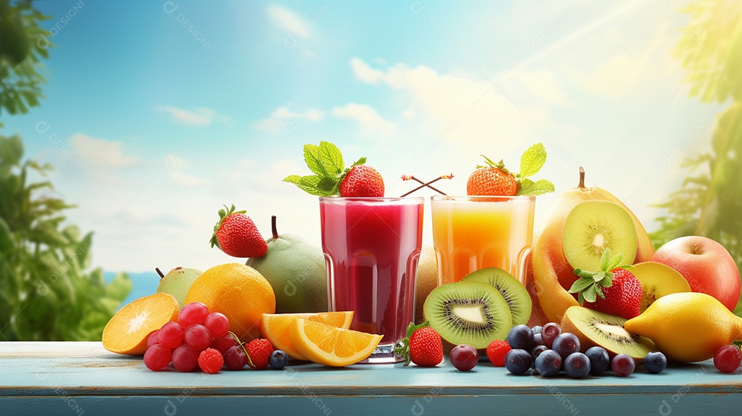 Copos De Suco E Várias Frutas Ao Redor