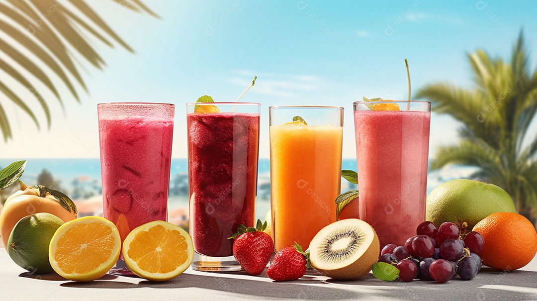 Copos De Suco E Várias Frutas Ao Redor