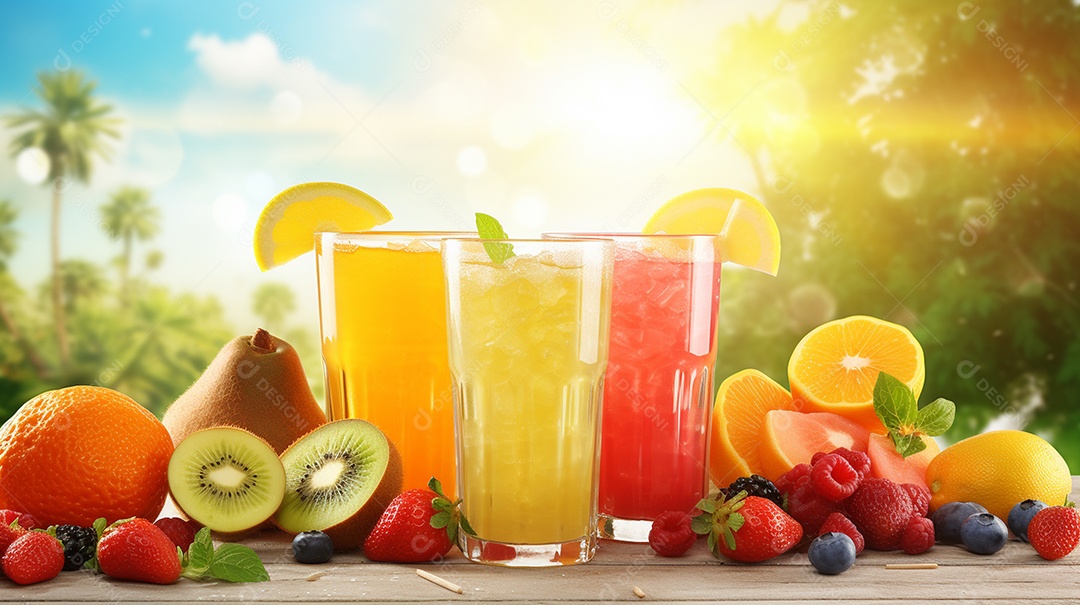Copos De Suco E Várias Frutas Ao Redor