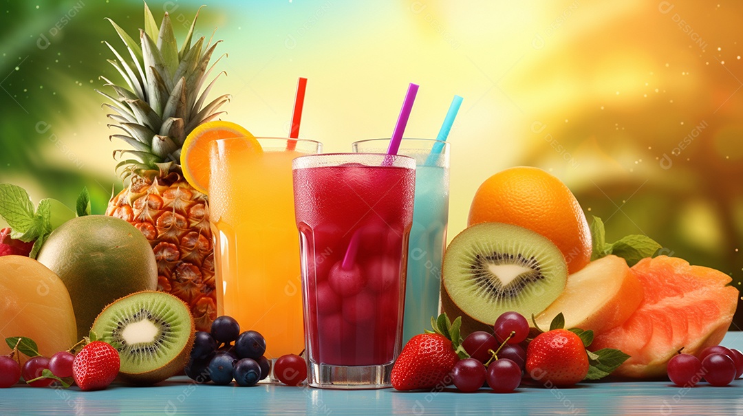 Copos De Suco E Várias Frutas Ao Redor