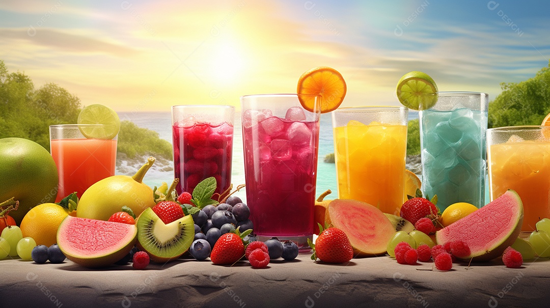 Copos De Suco E Várias Frutas Ao Redor