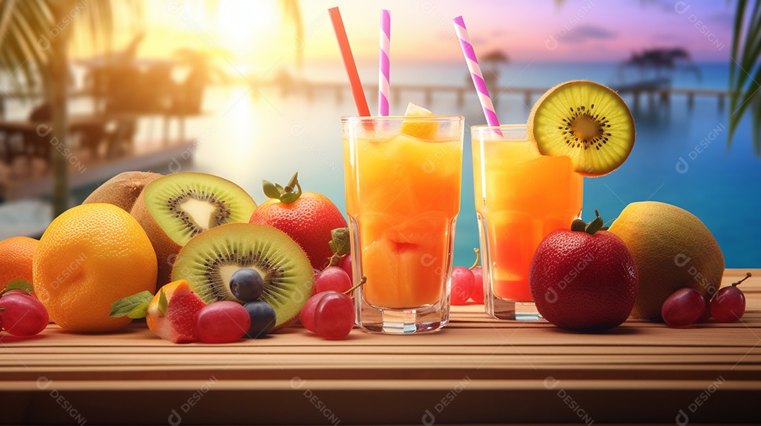 Copos De Suco E Várias Frutas Ao Redor