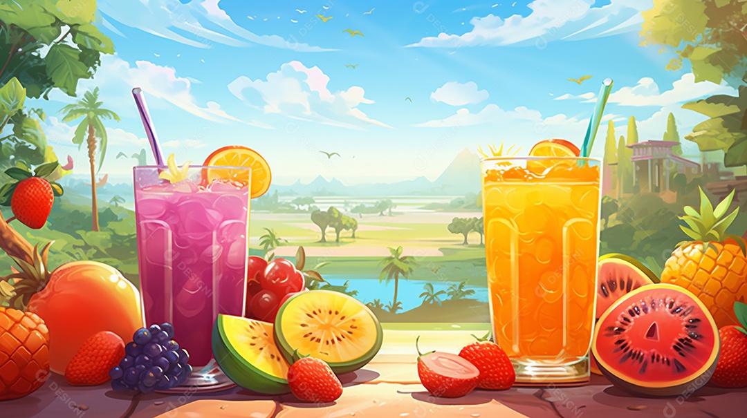 Copos De Suco E Várias Frutas Ao Redor