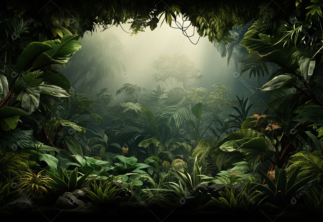 Fundo bonito da selva com borda feita de folhas tropicais.