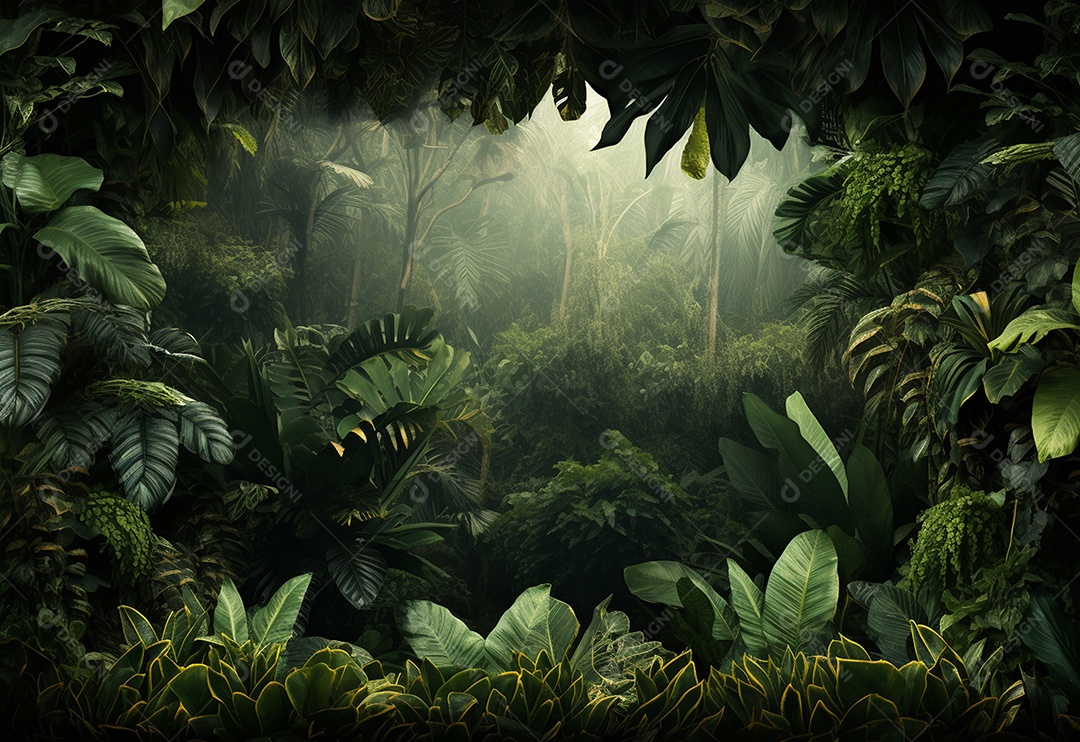 Fundo bonito da selva com borda feita de folhas tropicais.