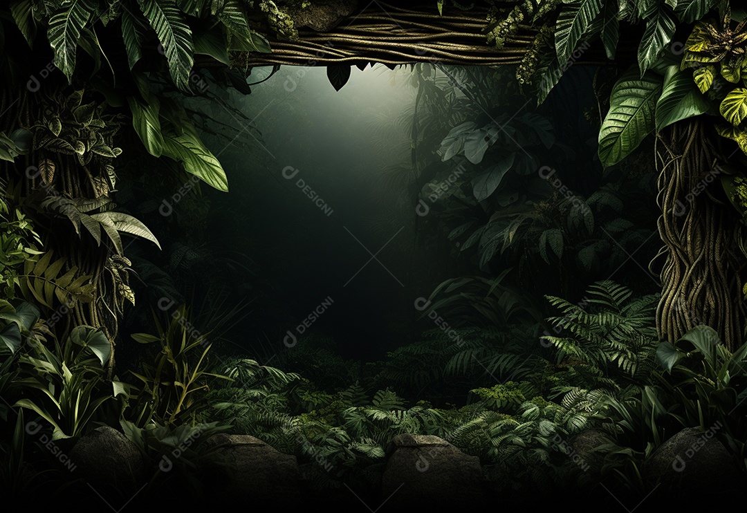 Fundo bonito da selva com borda feita de folhas tropicais.