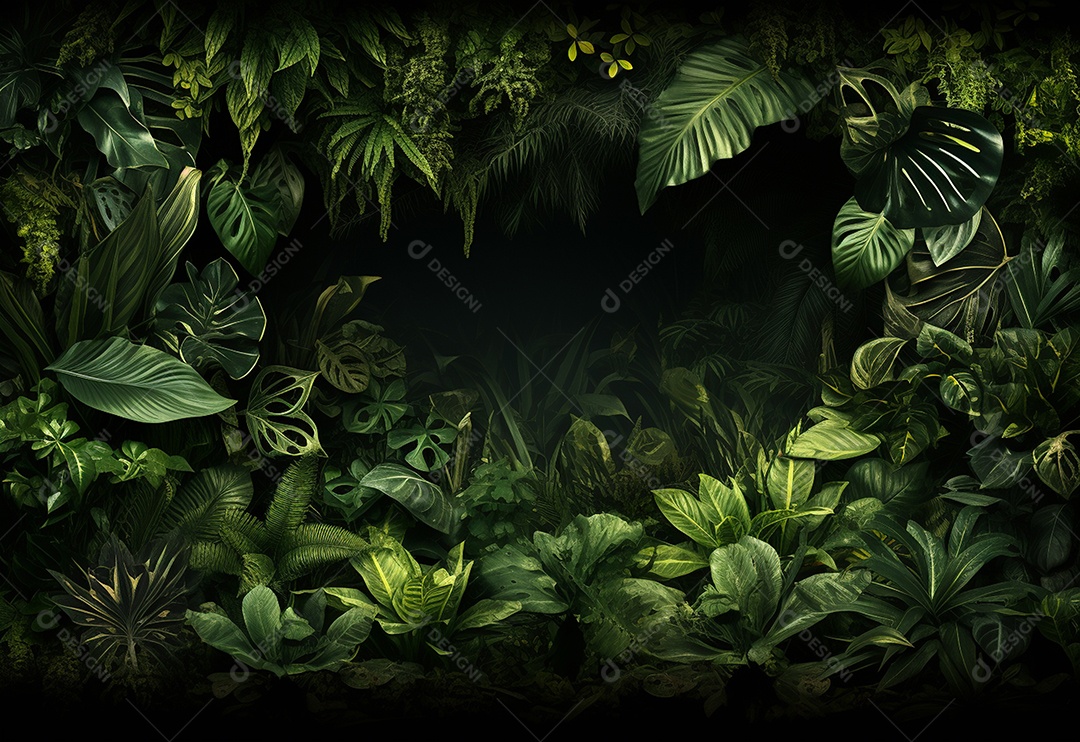 Fundo bonito da selva com borda feita de folhas tropicais.