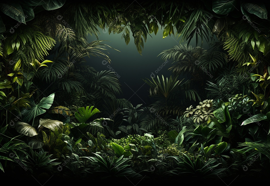 Fundo bonito da selva com borda feita de folhas tropicais.