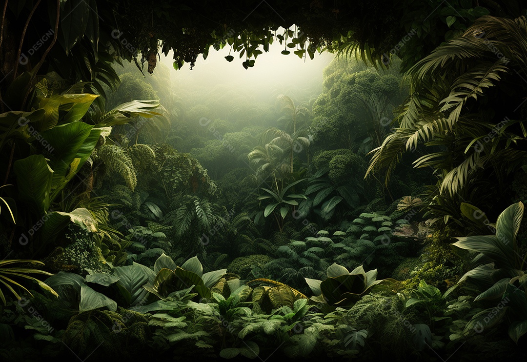 Fundo bonito da selva com borda feita de folhas tropicais.