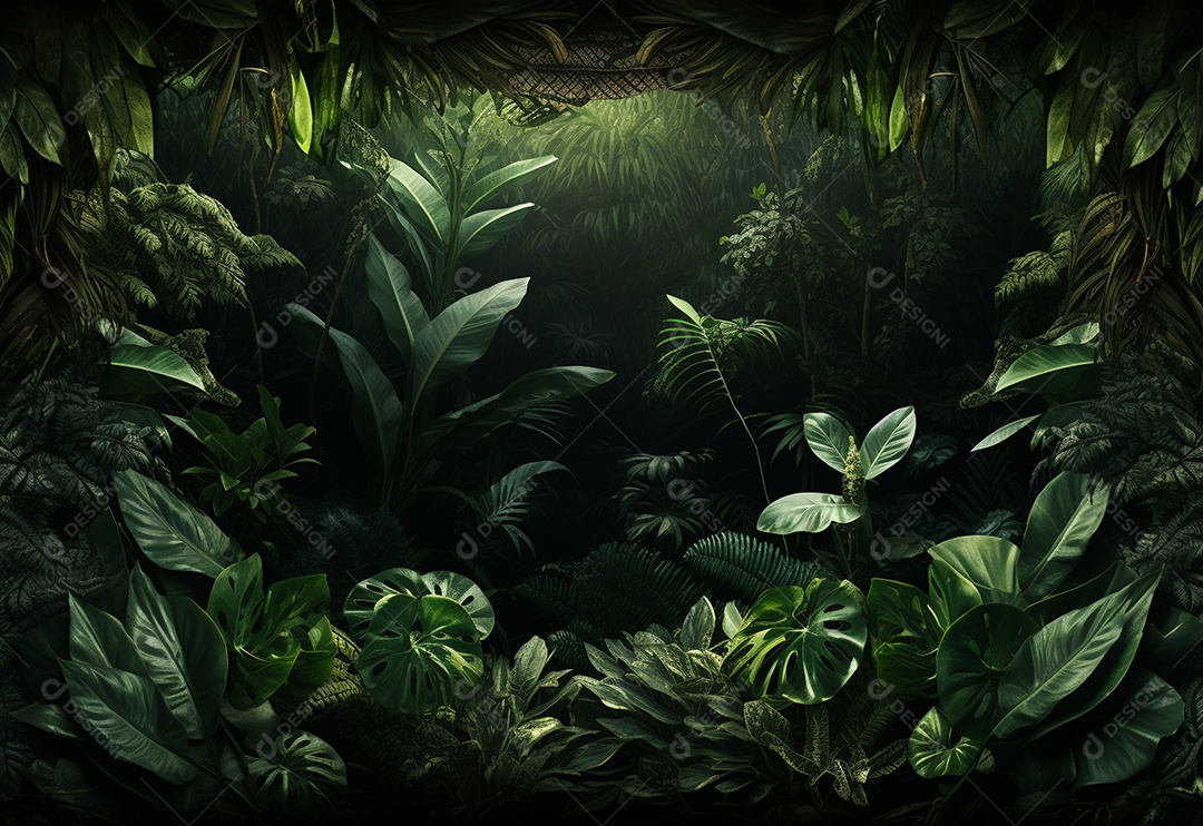 Fundo bonito da selva com borda feita de folhas tropicais.