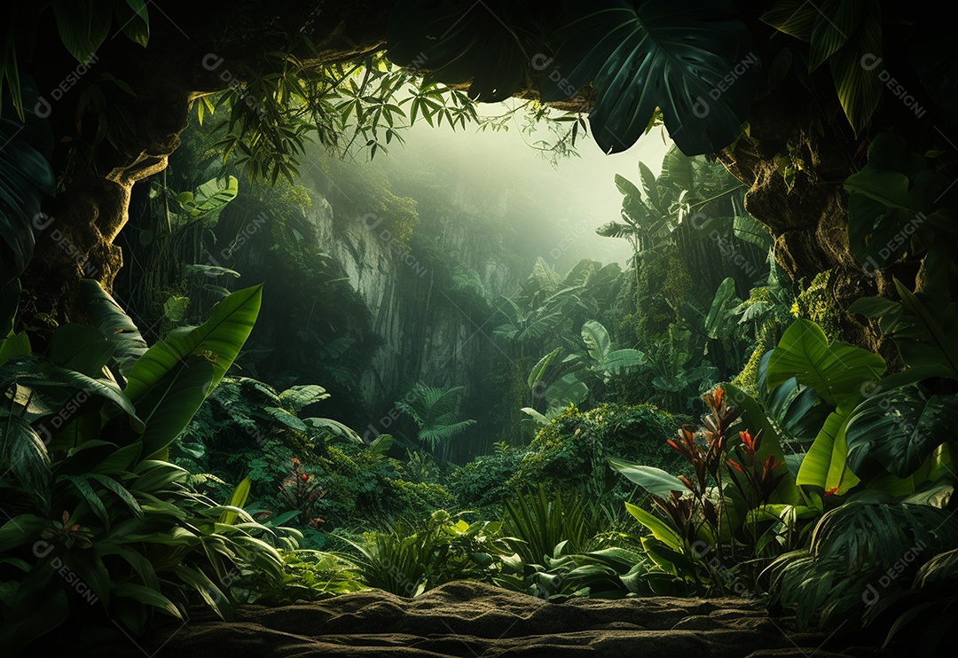 Fundo bonito da selva com borda feita de folhas tropicais.