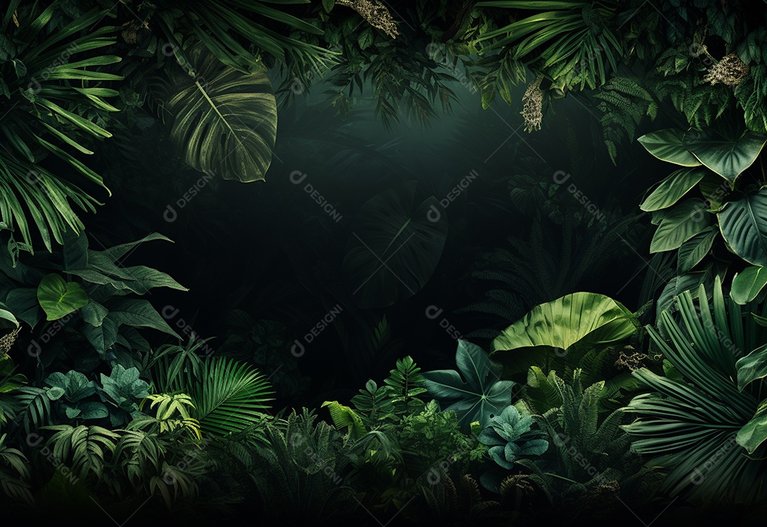 Fundo bonito da selva com borda feita de folhas tropicais.