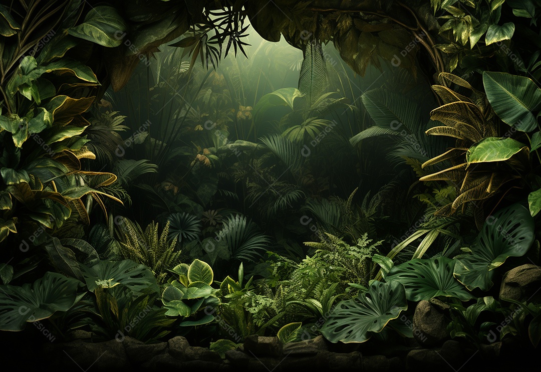 Fundo bonito da selva com borda feita de folhas tropicais.