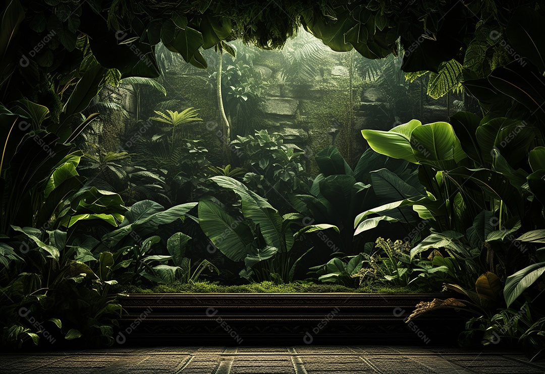 Fundo bonito da selva com borda feita de folhas tropicais.