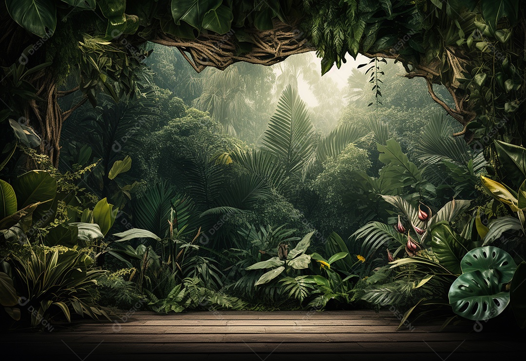 Fundo bonito da selva com borda feita de folhas tropicais.