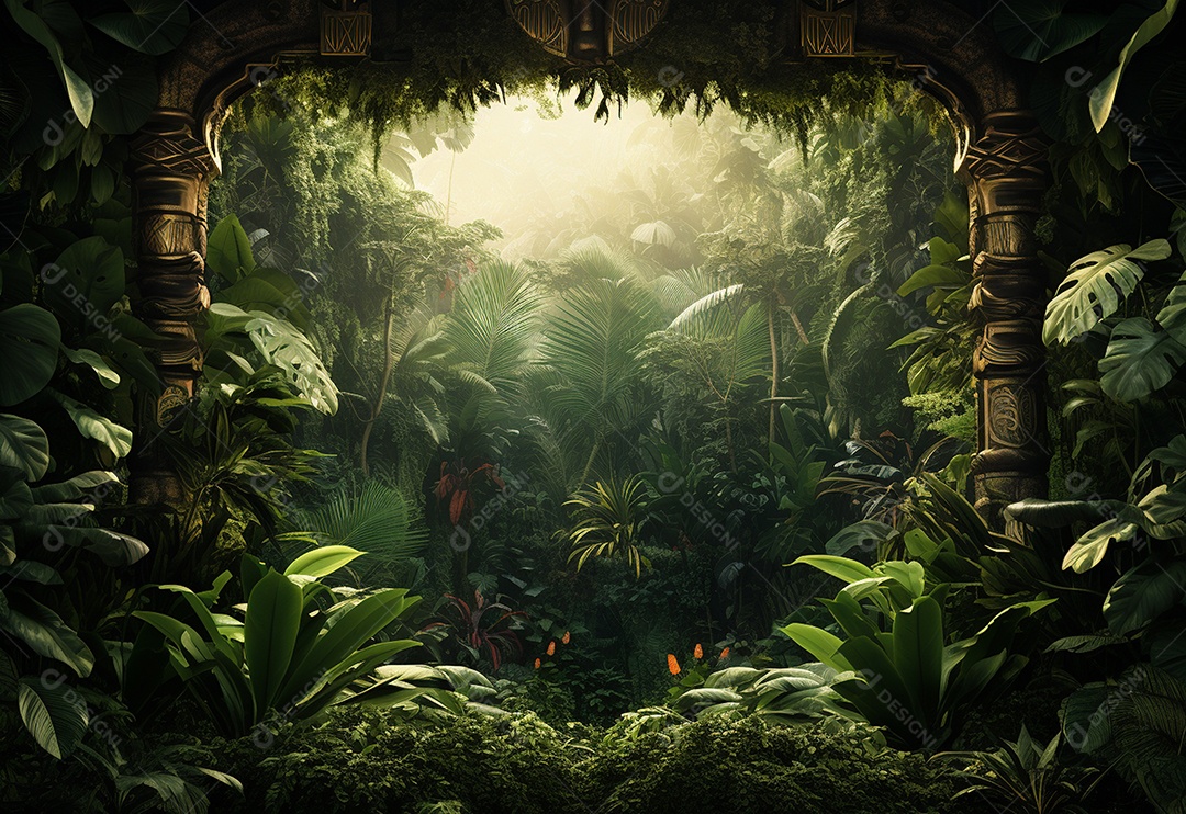 Fundo bonito da selva com borda feita de folhas tropicais.