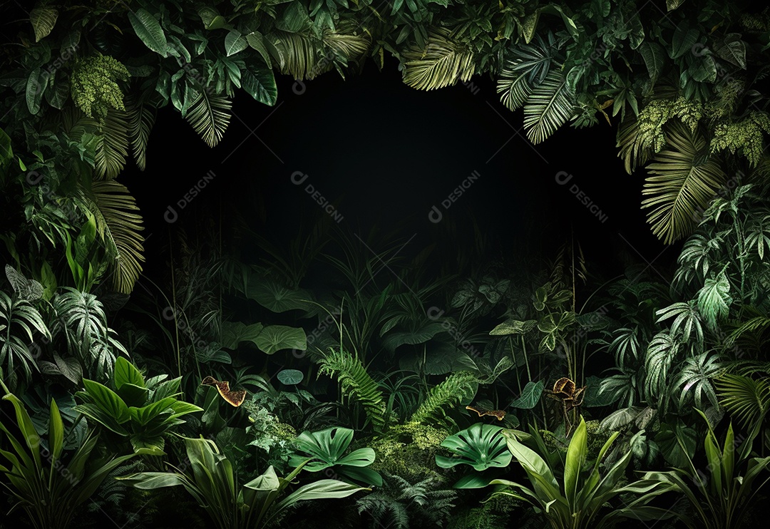 Fundo bonito da selva com borda feita de folhas tropicais.